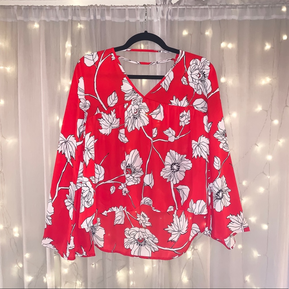 Cherry Bomb 🍒 Red Floral Bell-Sleeve Blouse